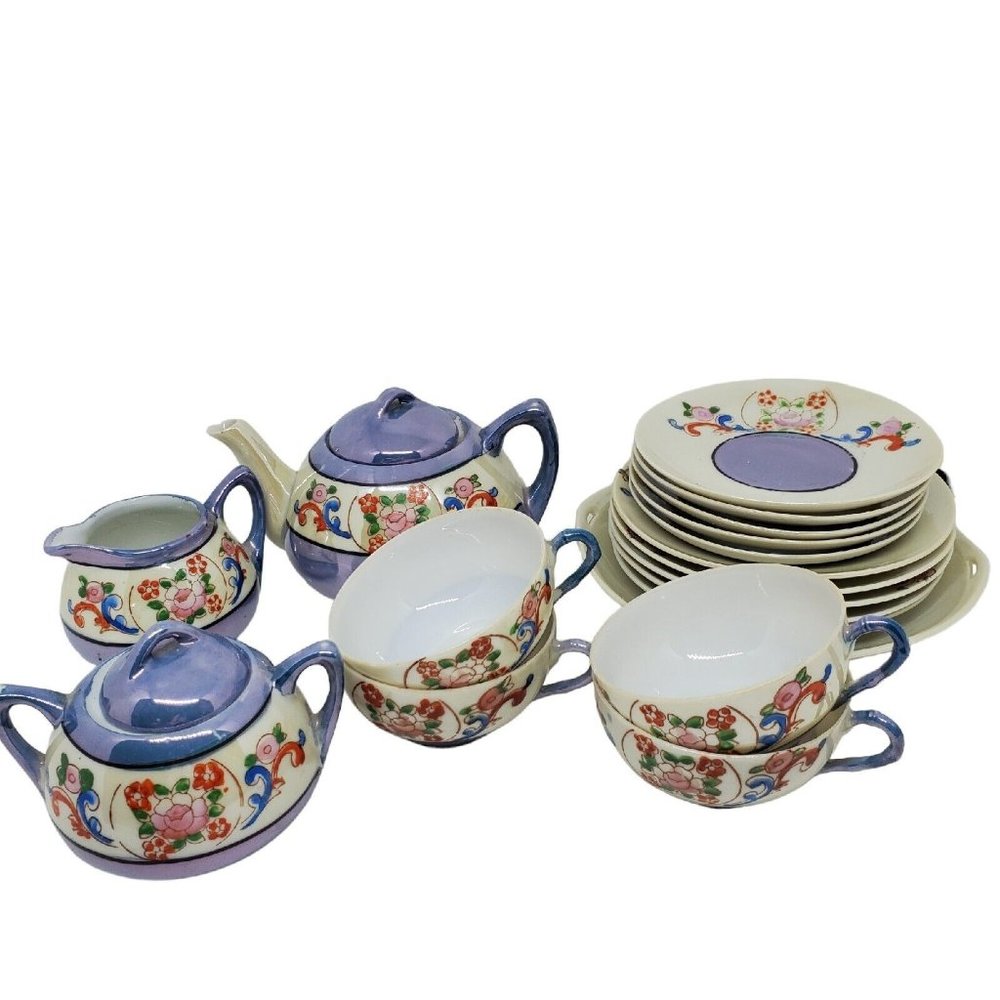 1950s Japanese Lusterware Tea 20 Pc Set Periwinkle Cherry Blossom Hand Painted